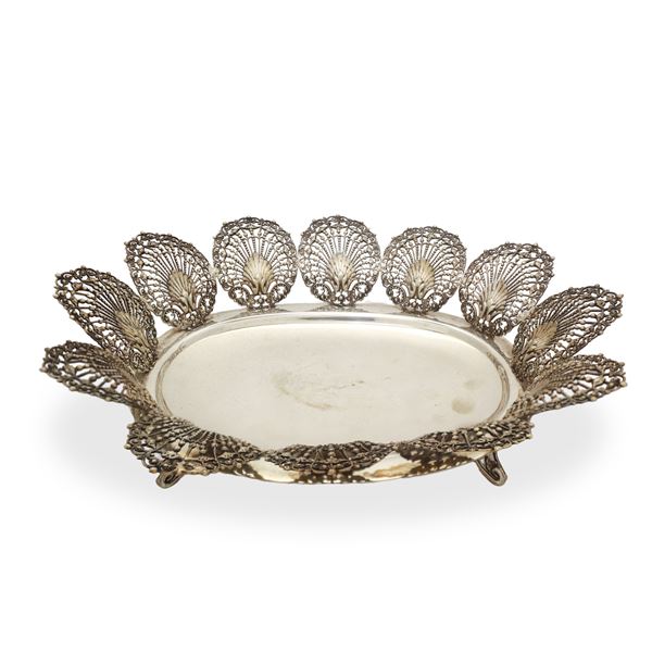 Silver bowl with filigree peacock tail edge