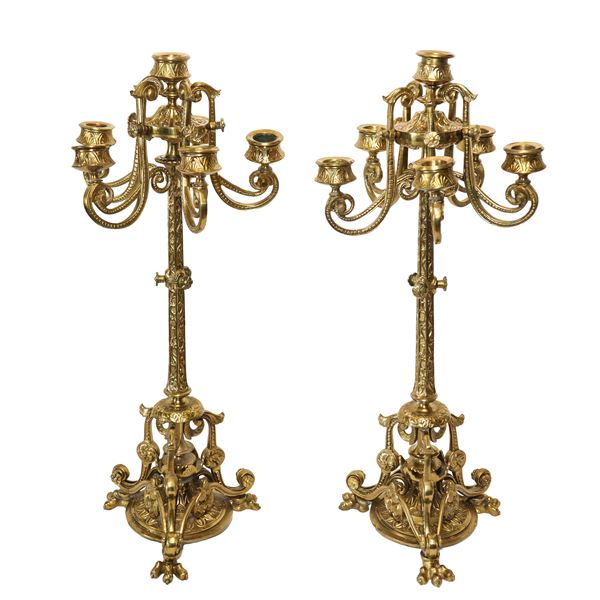 Pair of six-light bronze candlesticks