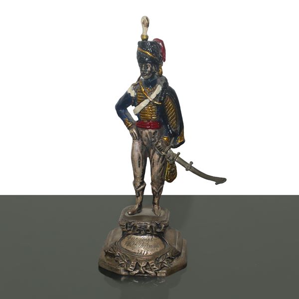 Silver and enamel statuette of a hussar soldier