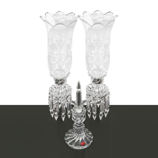 Baccarat France - Two-light crystal flambeau with tulip-shaped candle covers engraved with Renaissance motifs and hanging spear-shaped toasts