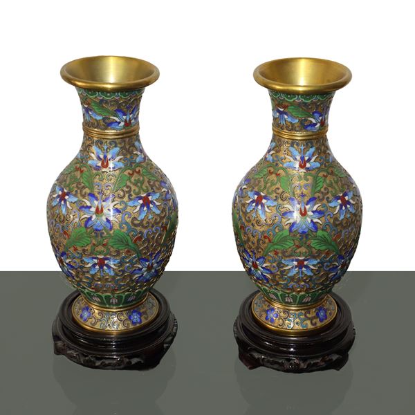 Pair of metal vases with blue and white cloisonnet enamels