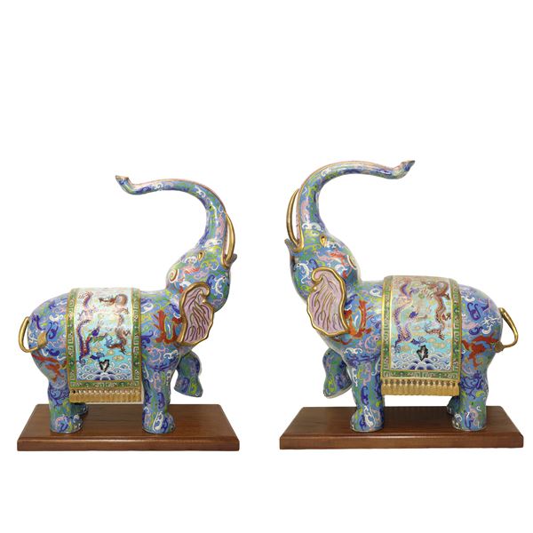 Pair of large elephants in polychrome metal with cloisonnet enamel applied 