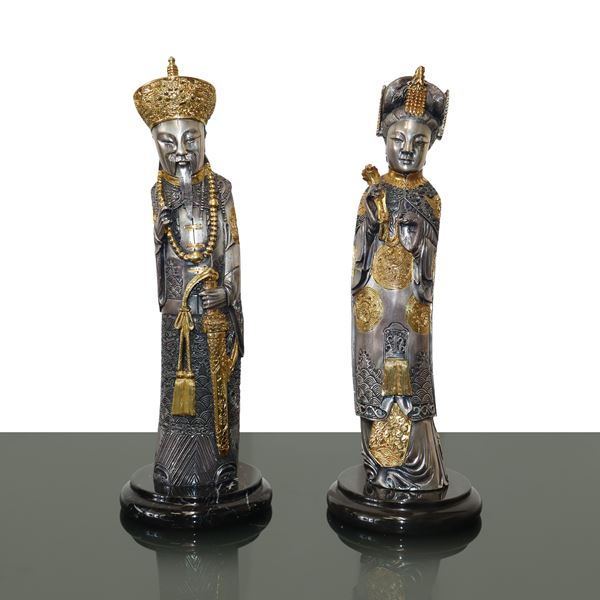 Imperatrice e imperatore cinesi, statuine rivestite in argento 800 e oro