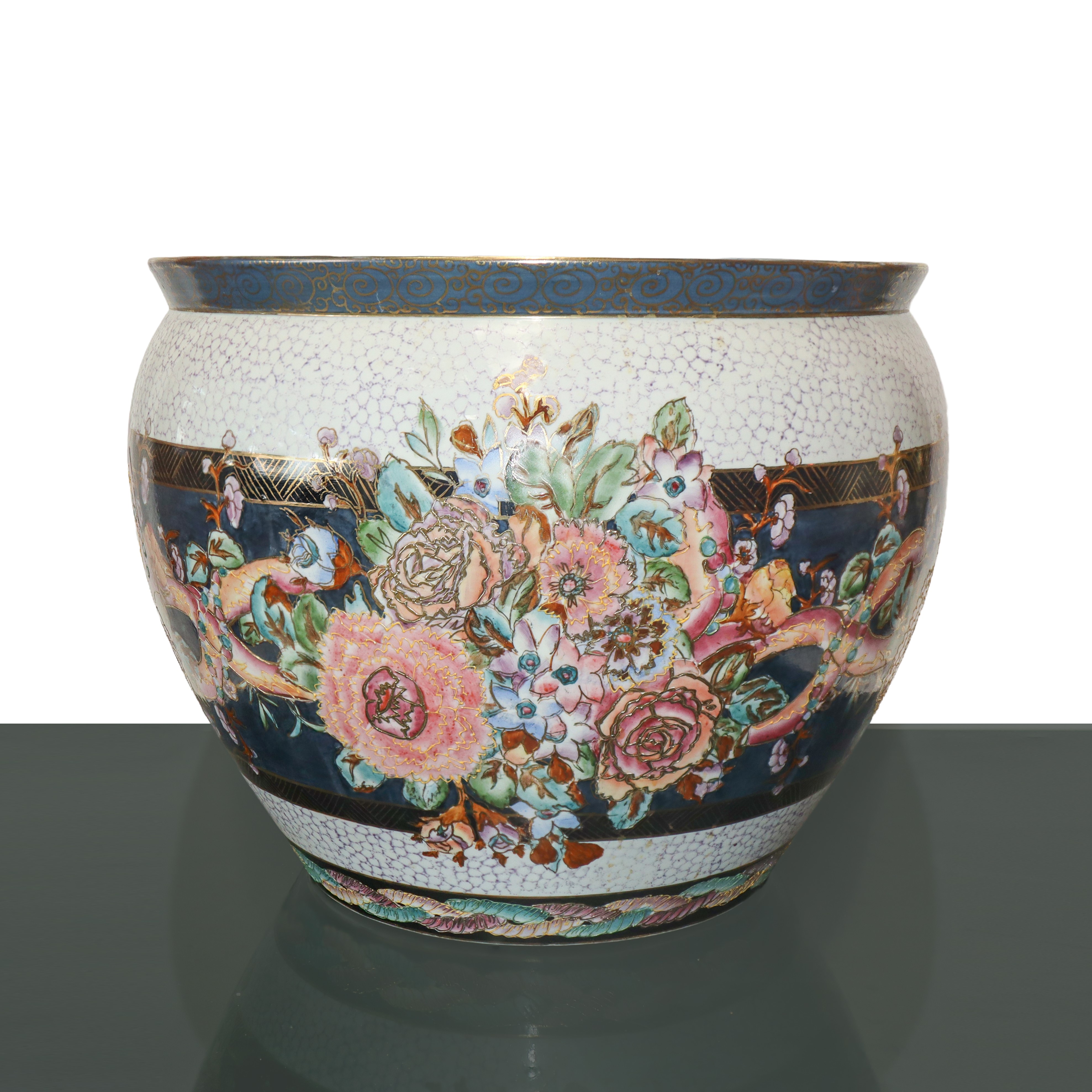 Cachepot cinese policromo con smalti e oro cloisonnet con raffigurazioni floreali