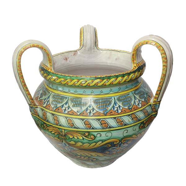 Caltagirone terracotta cachepot with polychrome depictions of acanthus leaves