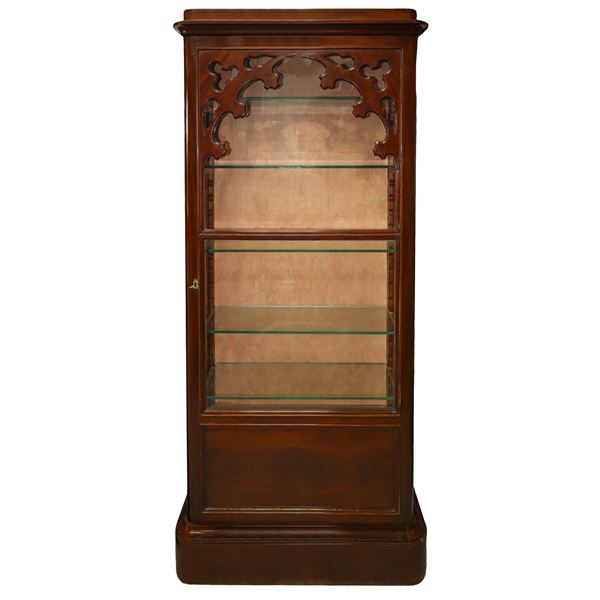 Mahogany wood display cabinet with a glass door and 5 glass shelves inside