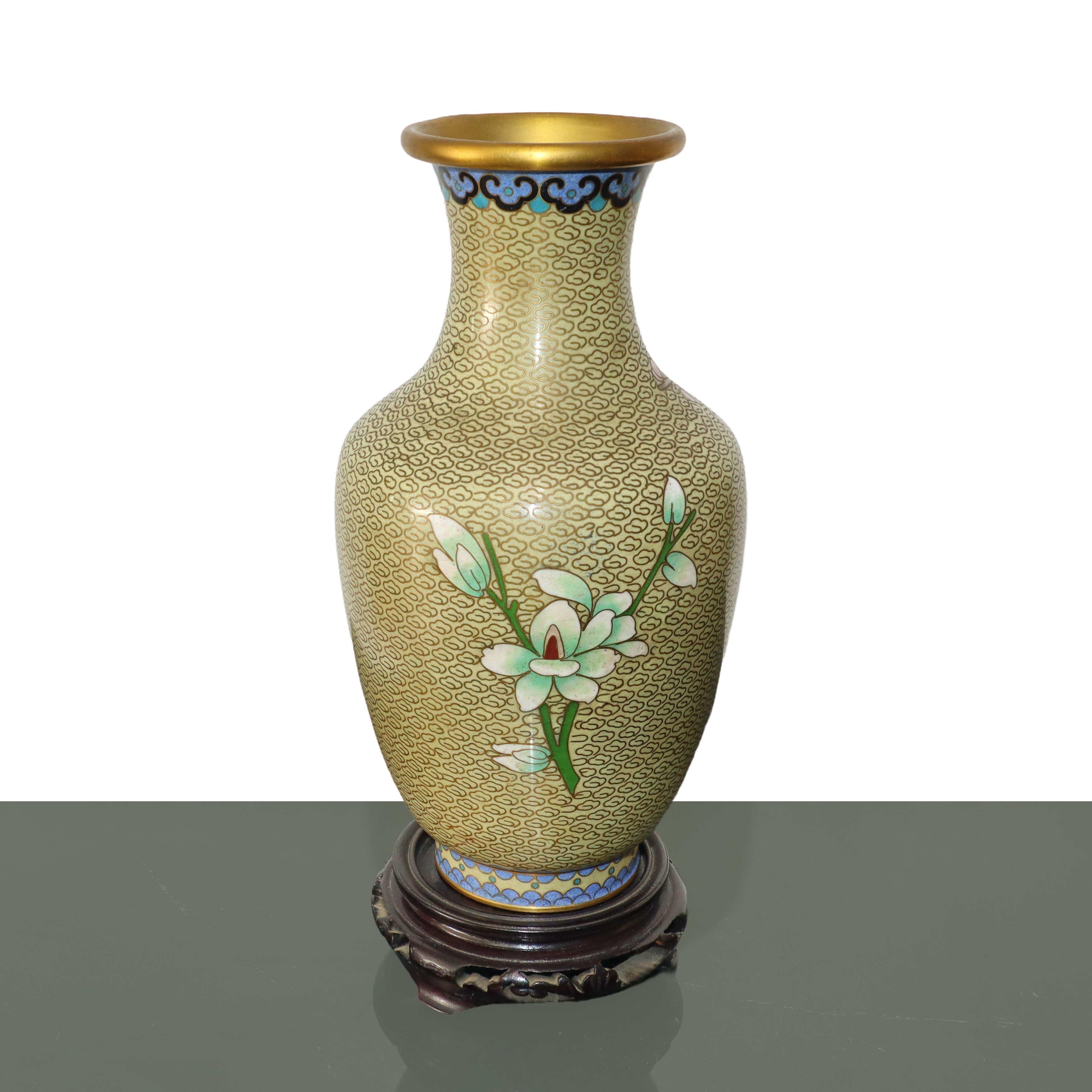 Coppia di vasetti cinesi cloisonnet decorati a fiori policromi