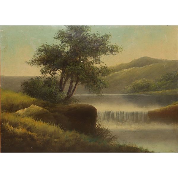 Lake landscape with trees and mountains in a pastille frame