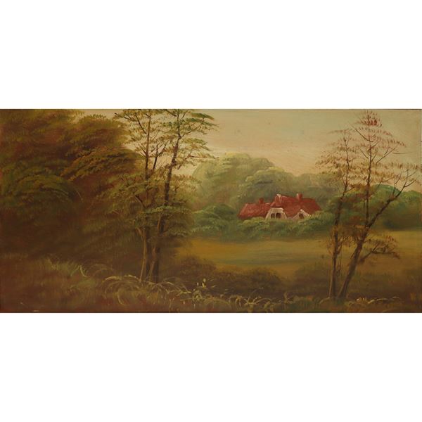 Country landscape with houses in a pastiglia frame