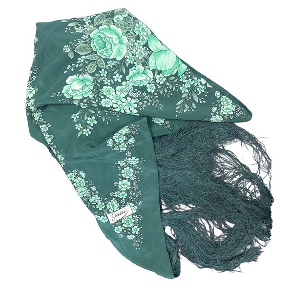 Gucci - Green silk shawl with floral pattern fringes