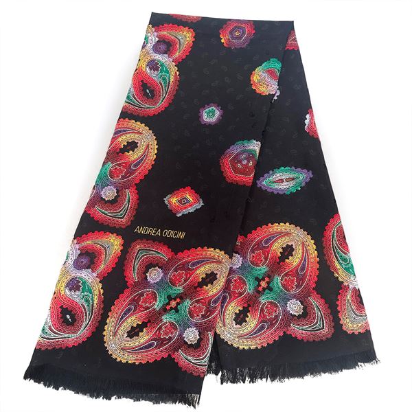 Andrea Odicini - Silk foulard scarf with black background and colorful paisley motifs