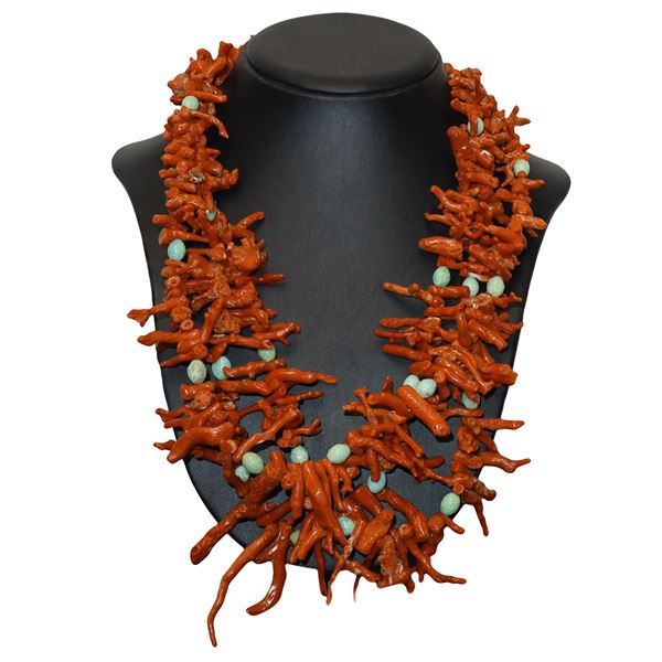 Three-strand coral and turquoise necklace with worked silver susta