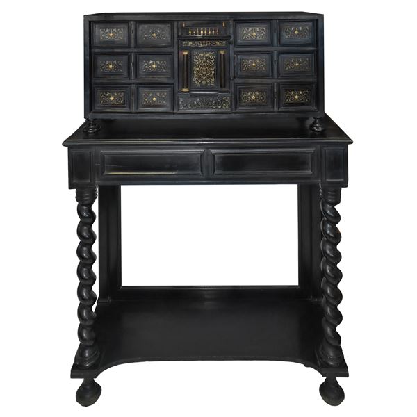 Ebonized wooden coin cabinet, 6 drawers per side. 