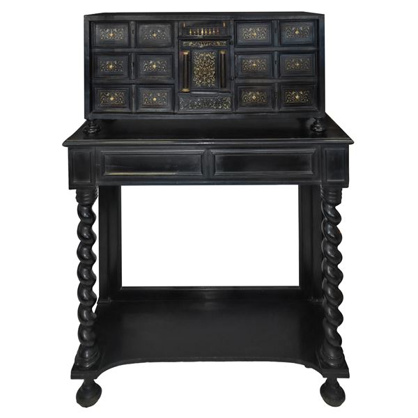 Ebonized wooden coin cabinet, 6 boxes per side. 