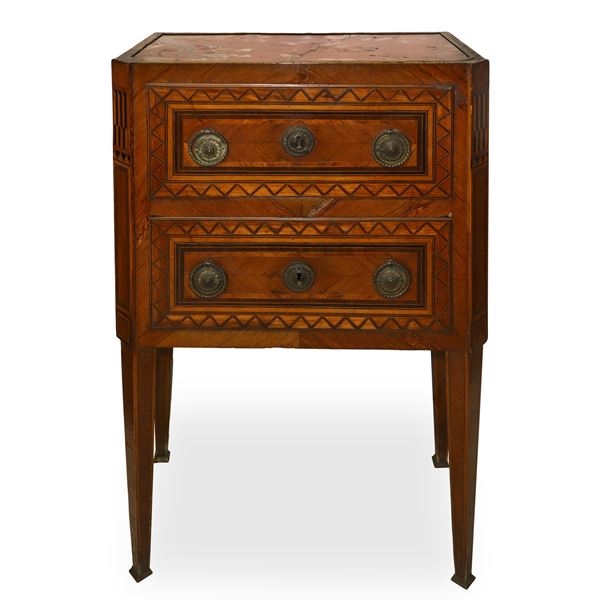 Louis XVI bedside table with two drawers inset Verona red marble, inlays on the front and sides, truncated pyramid feet 