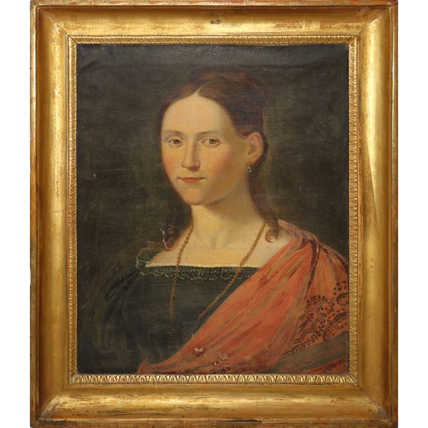 Portrait of a woman in a contemporary golden half-cane frame