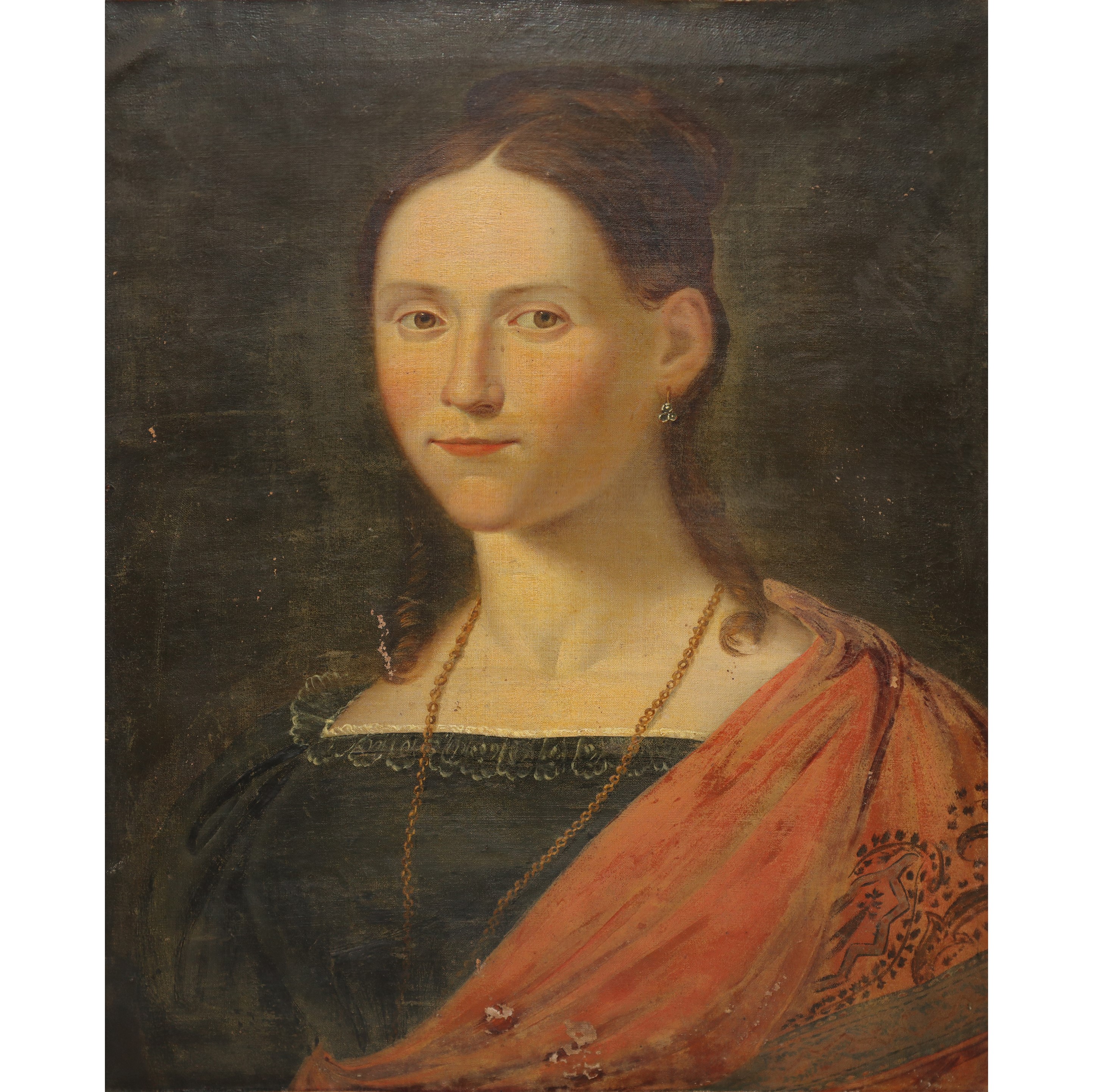 Ritratto di donna in cornice a mezzacanna dorata coeva