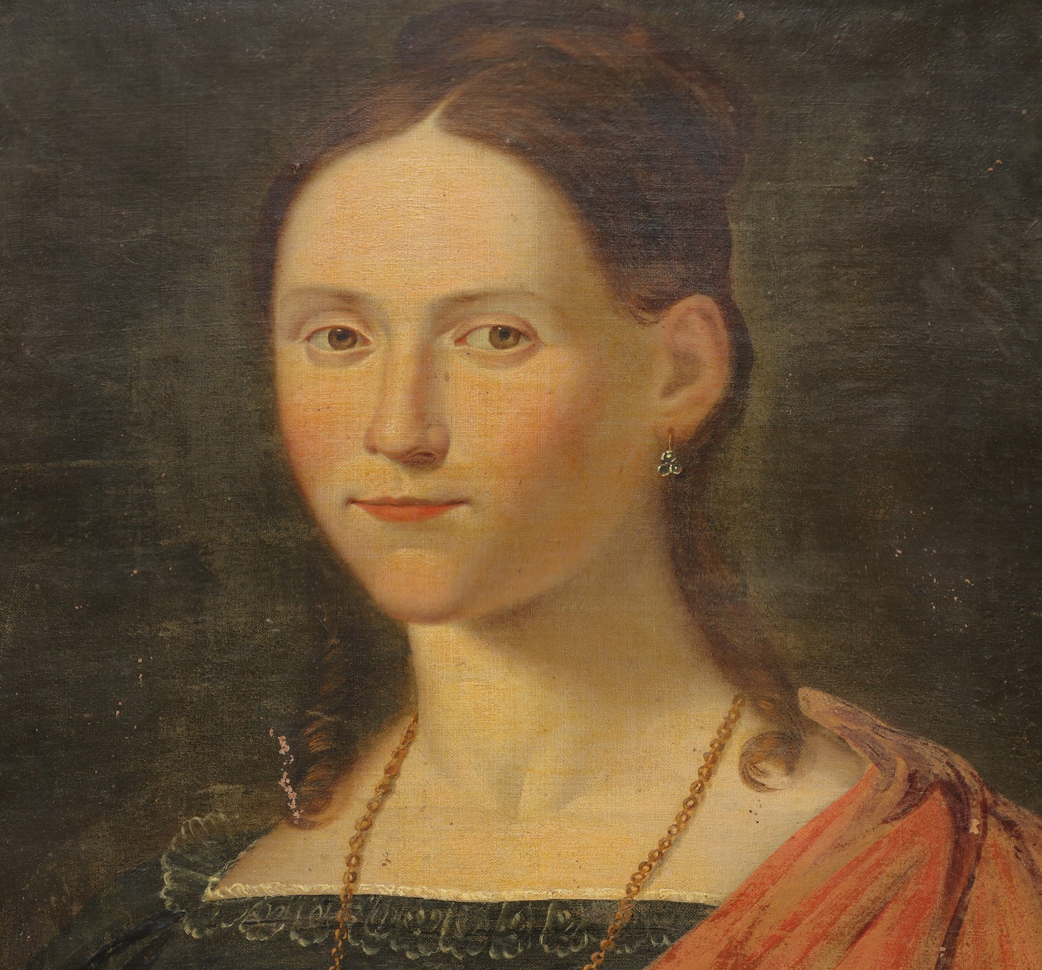 Ritratto di donna in cornice a mezzacanna dorata coeva