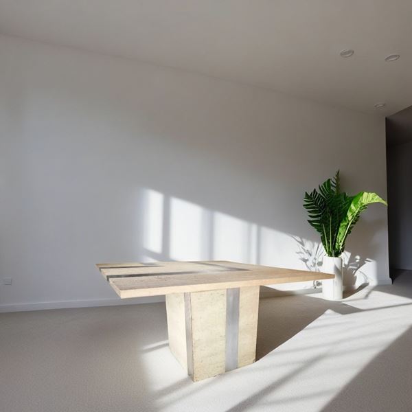 Table in travertine marble and chromed metal