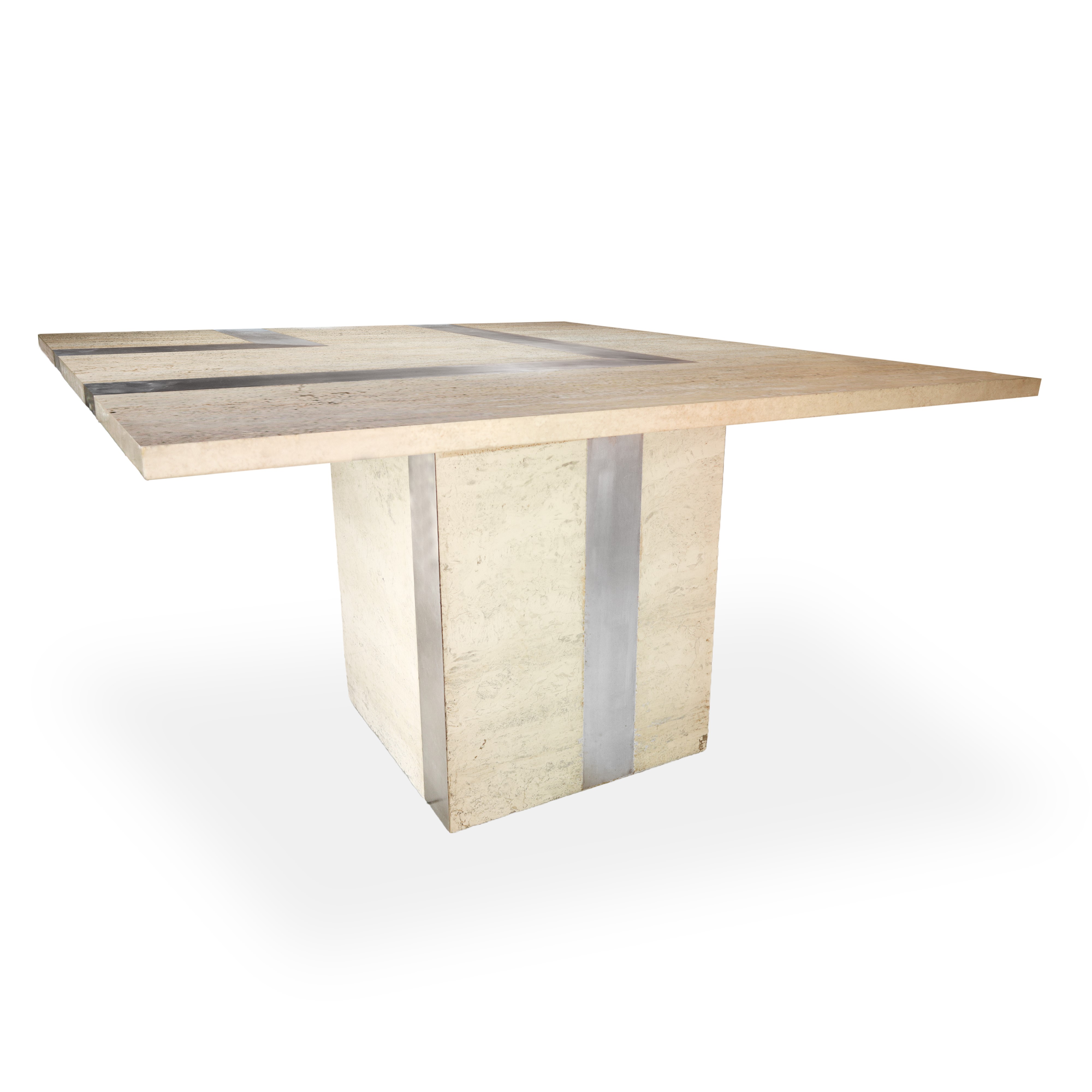 Tavolo in marmo travertino e metallo cromato