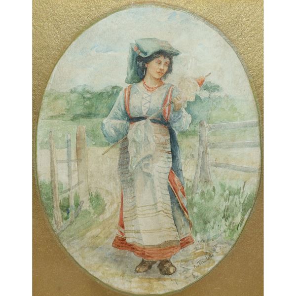 Aurelio Augusto Tiratelli - Woman in folk clothes spinning