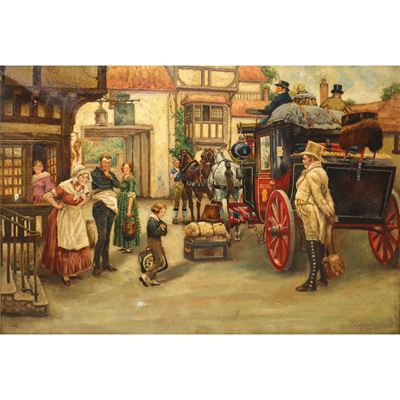 Scena di Paese con Carrozza e Personaggi