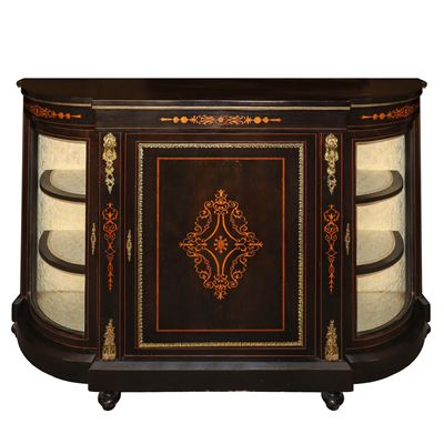Etagere in Legno Nero Ebanizzato e Decori Dorati con Vetrine Laterali in Vetro