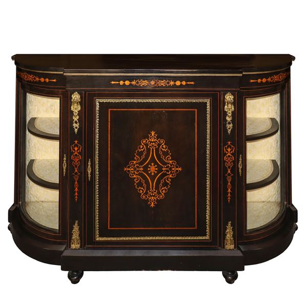 Etagere in black ebonized wood and golden decorations with glass side windows