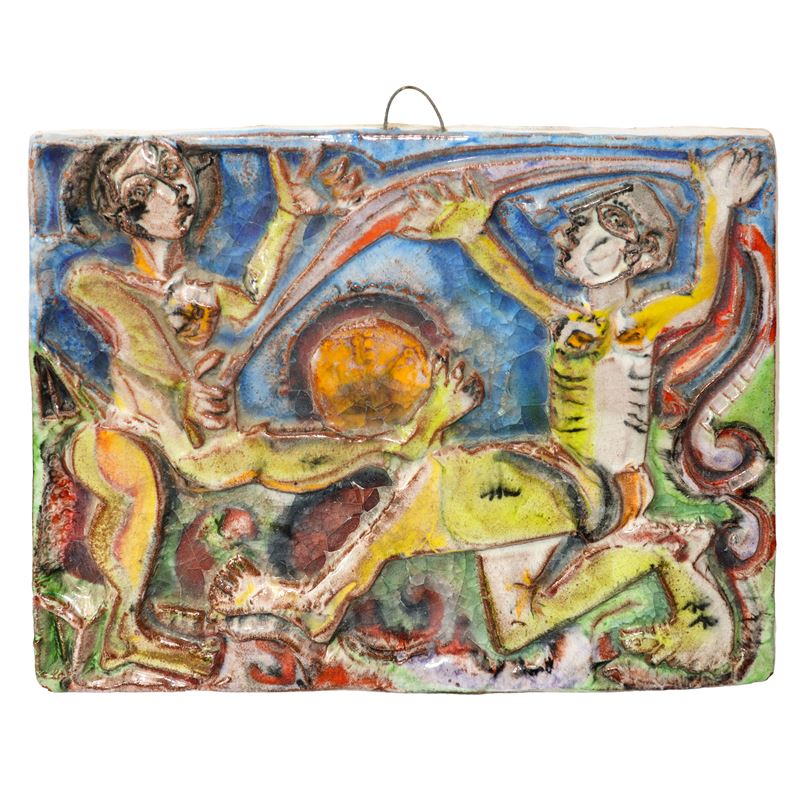 De Simone - Mattonella in Ceramica Raffigurante Coppia Giocosa