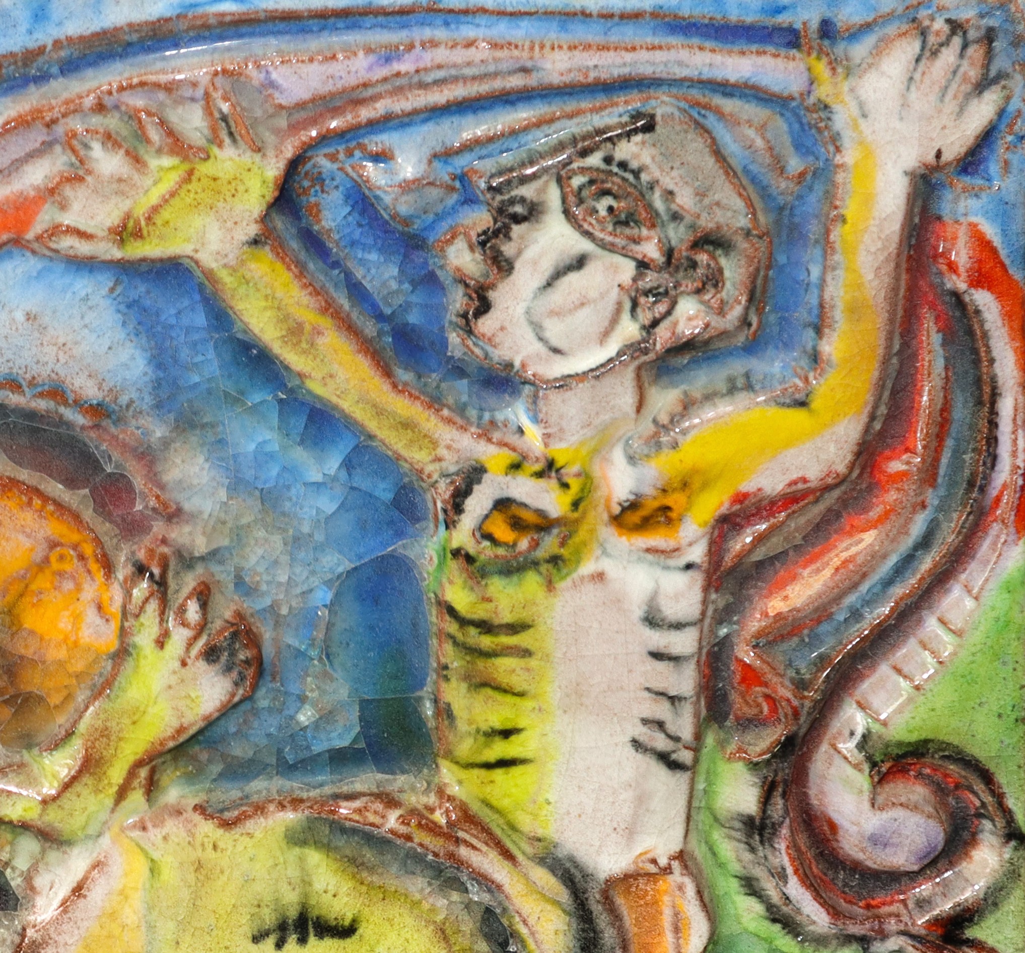 Mattonella in ceramica raffigurante coppia giocosa