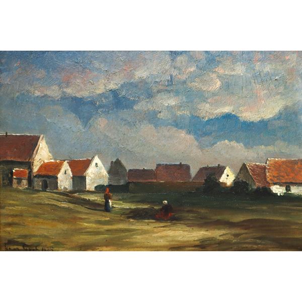 Franz Graf - Rural landscape with houses and characters 