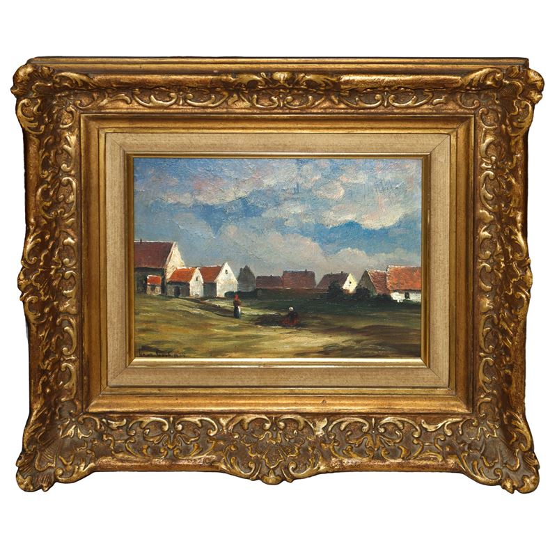 Paesaggio rurale con case e personaggi