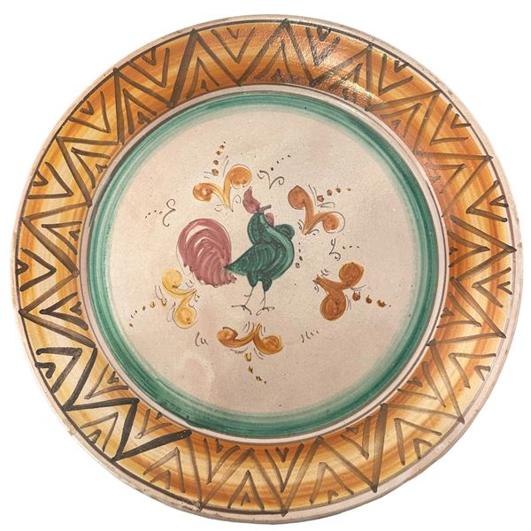 Large polychrome majolica plate from Patti with rooster in the centre