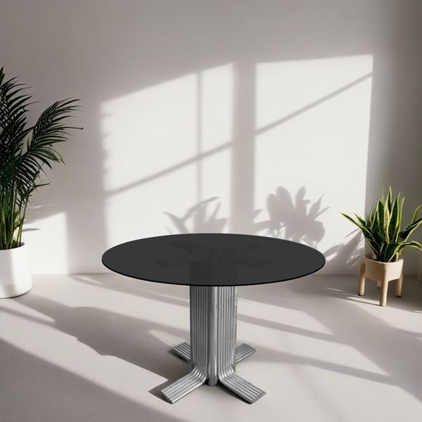 Vintage table with smoked glass top, chromed steel frame and 4-spoke base