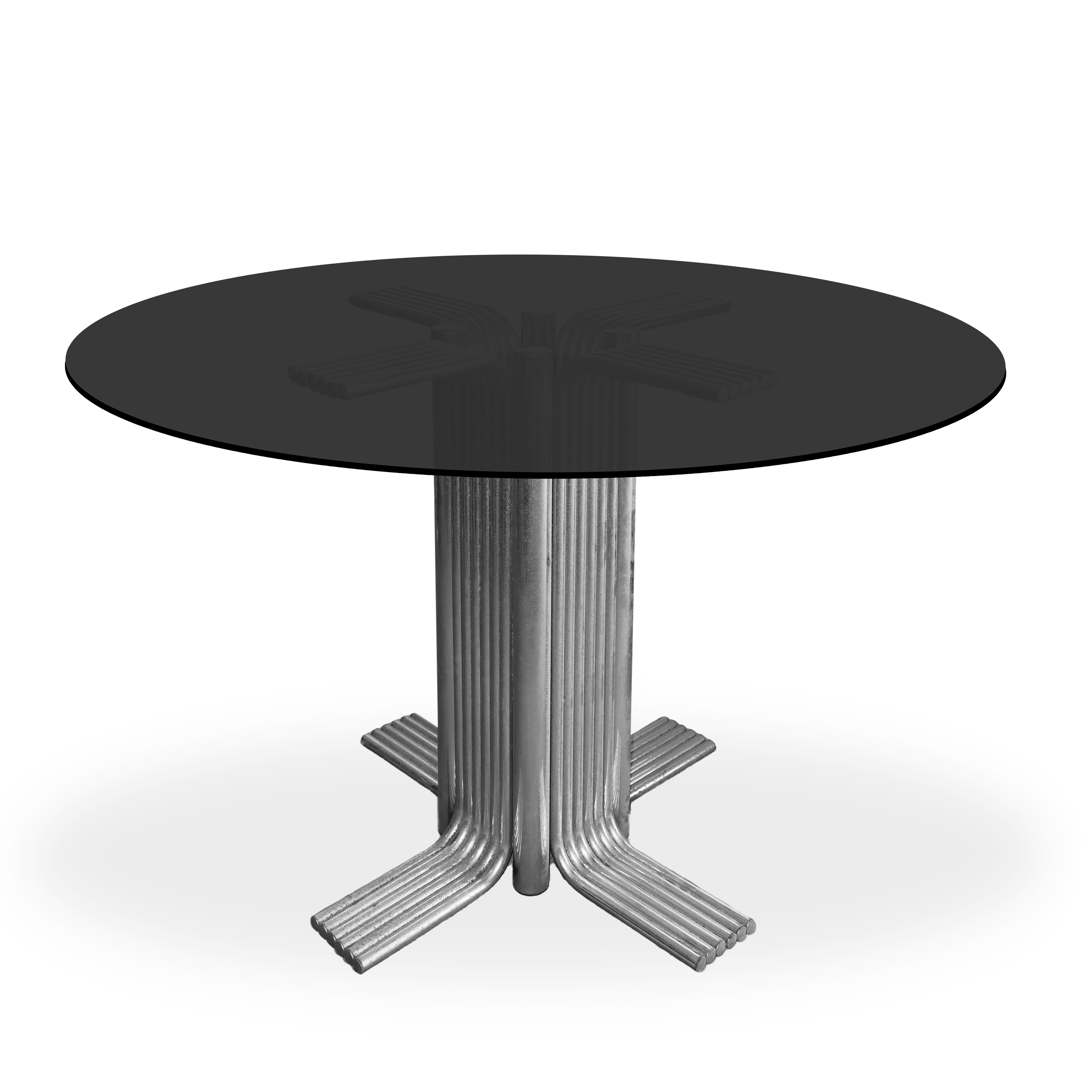 Tavolo vintage piano in vetro fumè con struttura in acciaio cromato e piede a 4 razze