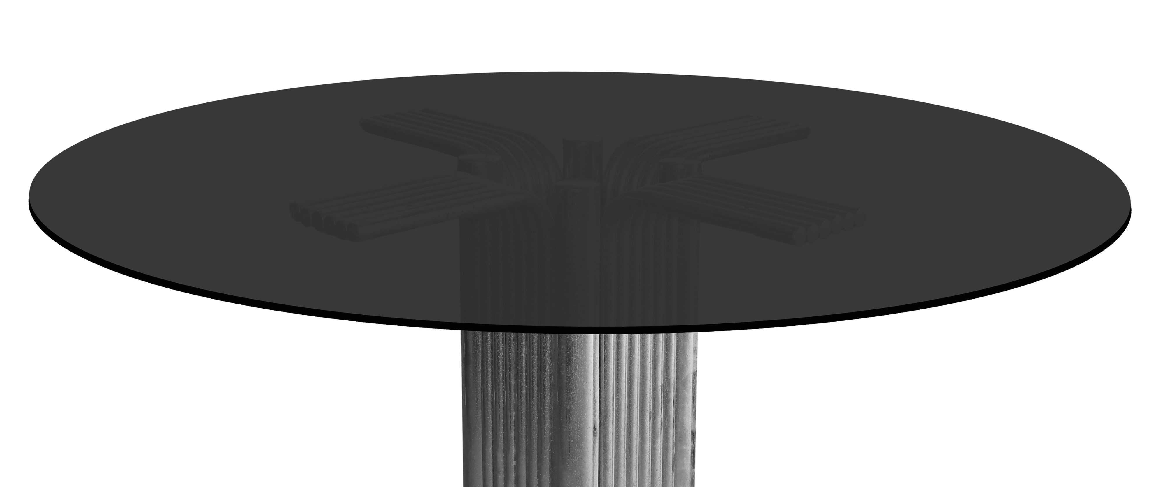 Tavolo vintage piano in vetro fumè con struttura in acciaio cromato e piede a 4 razze