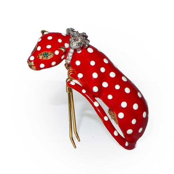 Kenneth Jay Lane Jewelry - Red leopard-shaped scarf holder with white polka dots and rhinestones