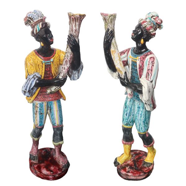 Pair of polychrome ceramic sculptures mori candle holders