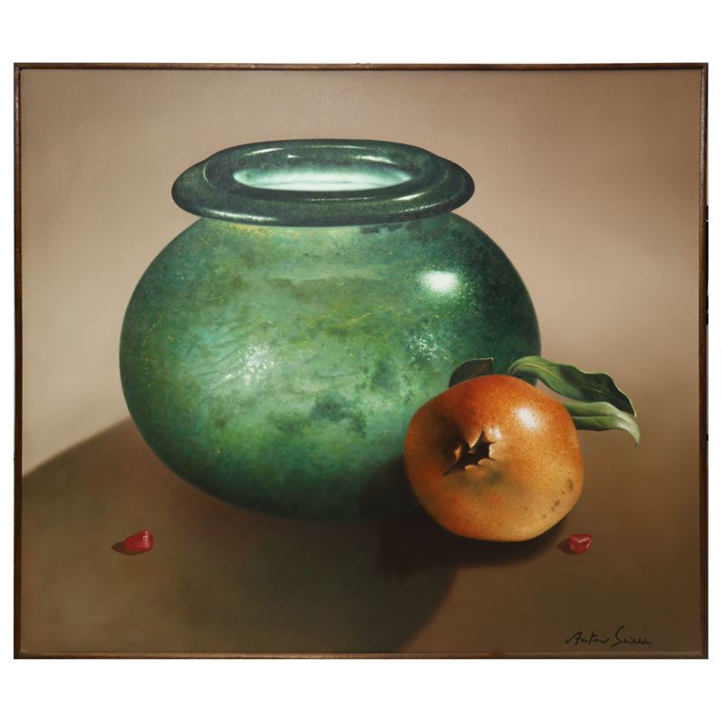 Antonio Sciacca - Natura Morta con Vaso Verde e Melograno