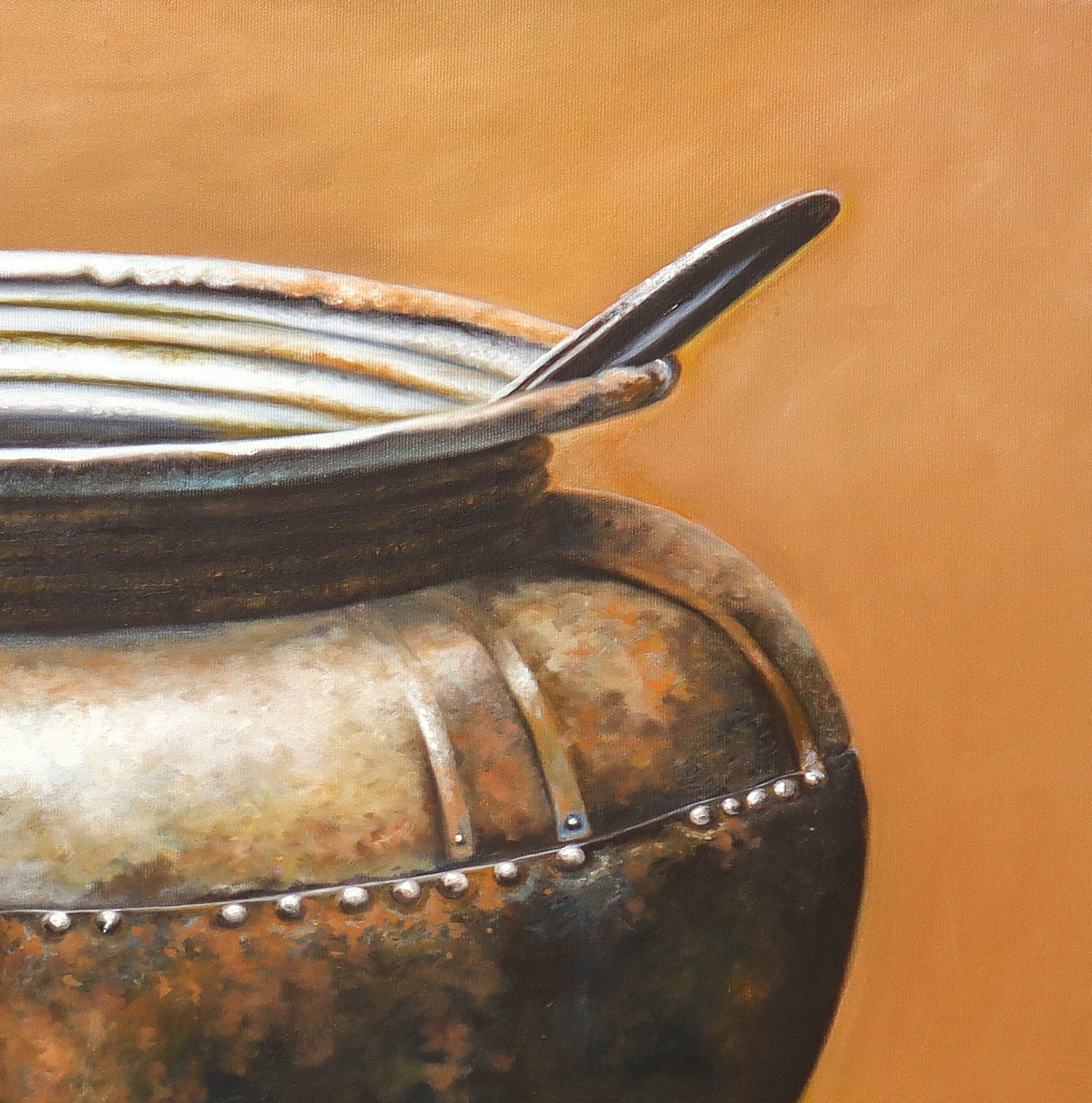 Natura morta con pentolone in ferro e melograno