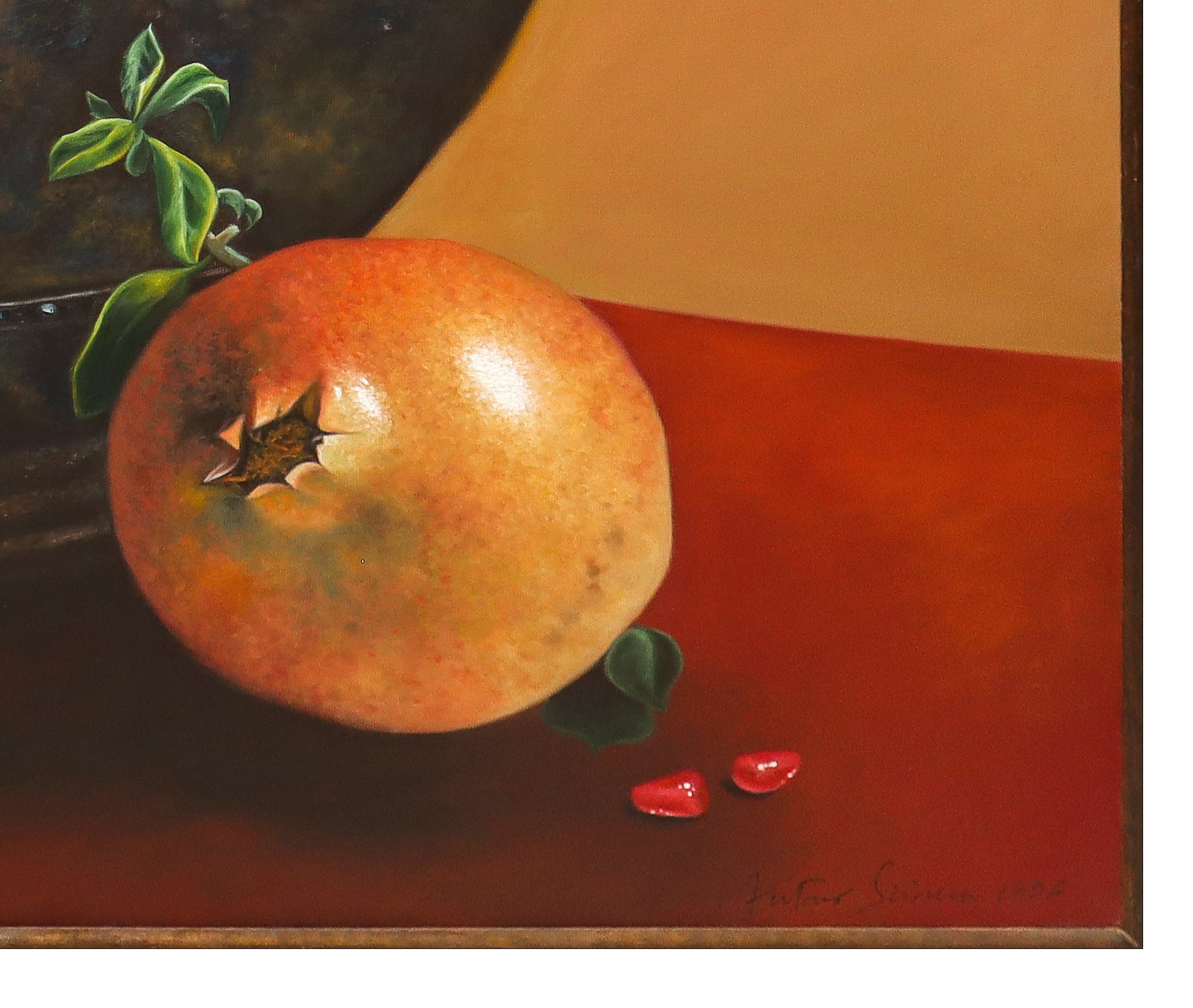 Natura morta con pentolone in ferro e melograno