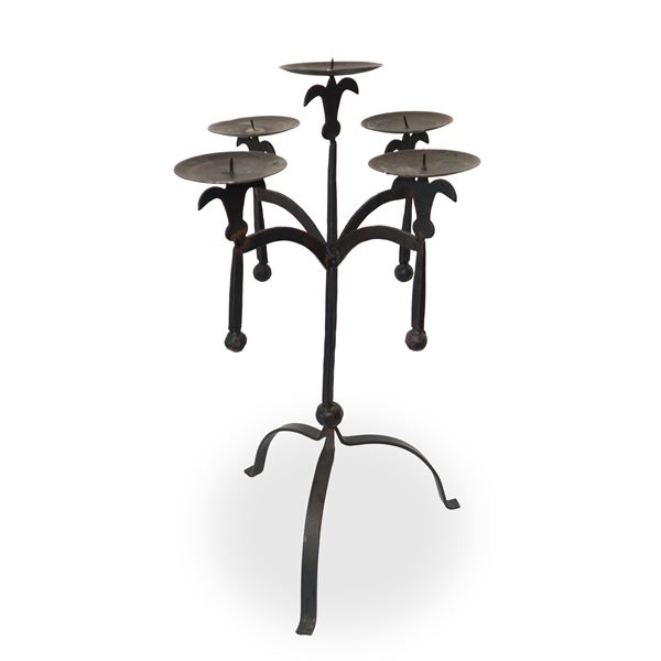 Wrought iron 5-light tripod candle holder