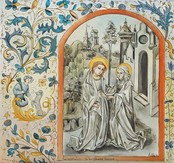 CASTELLI ARTE CERAMICA - Painted ceramic plaque depicting the visitation of the Madonna to Saint Elizabeth Guillaume Vrellante