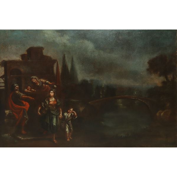 Biblical scene: Abraham driving away Hagar and her son and keeping Sarah and her son Isaac with him