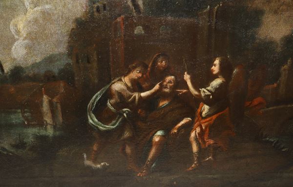 Scena biblica: Tobia che guarisce il padre con l'aiuto dell'Arcangelo Raffaele