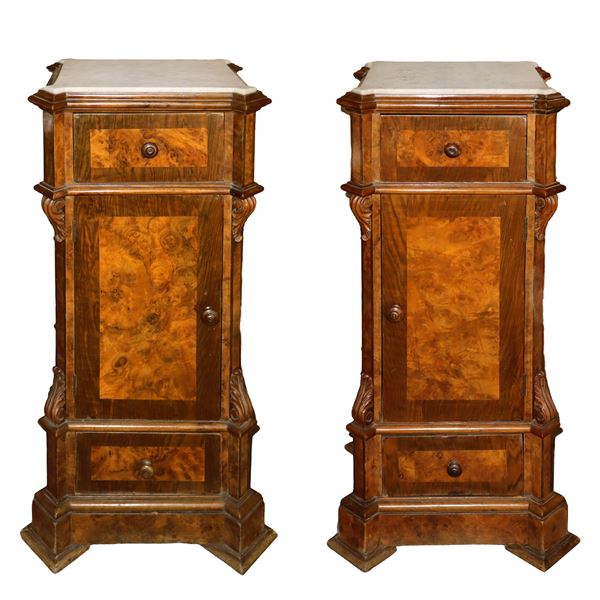 Pair of briar bedside tables with acanthus leaves applied to the sides and white marble on the top, drawer at the base and under the top and central door