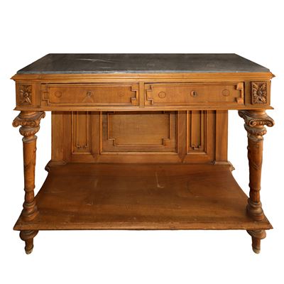 Consolle in Legno di Noce Marmo Grigio Bardiglio al Piano Due Cassetti Sottopiano e Piedi a Colon...