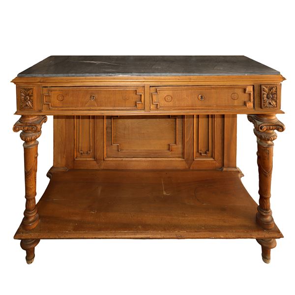 Console in bardiglio gray marble walnut wood on the top, two undercounter drawers and tapered column feet