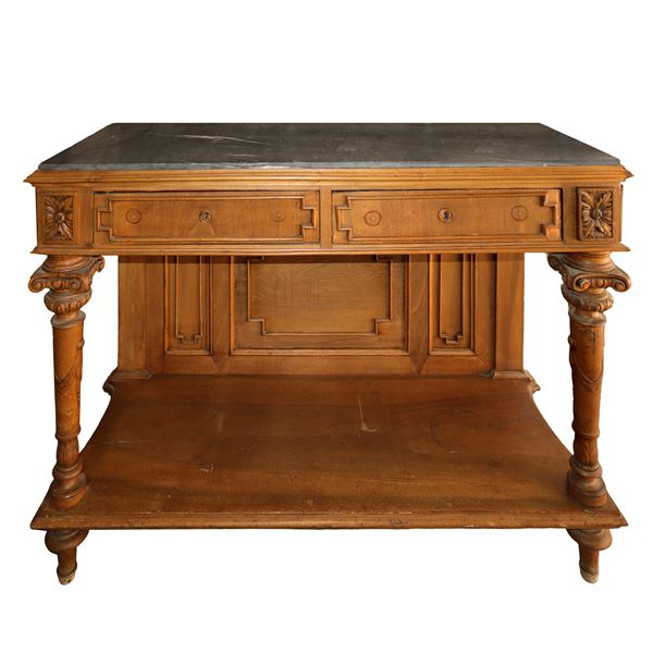 Console in walnut wood, grey Bardiglio marble on the top, two drawers under the top and tapered column feet