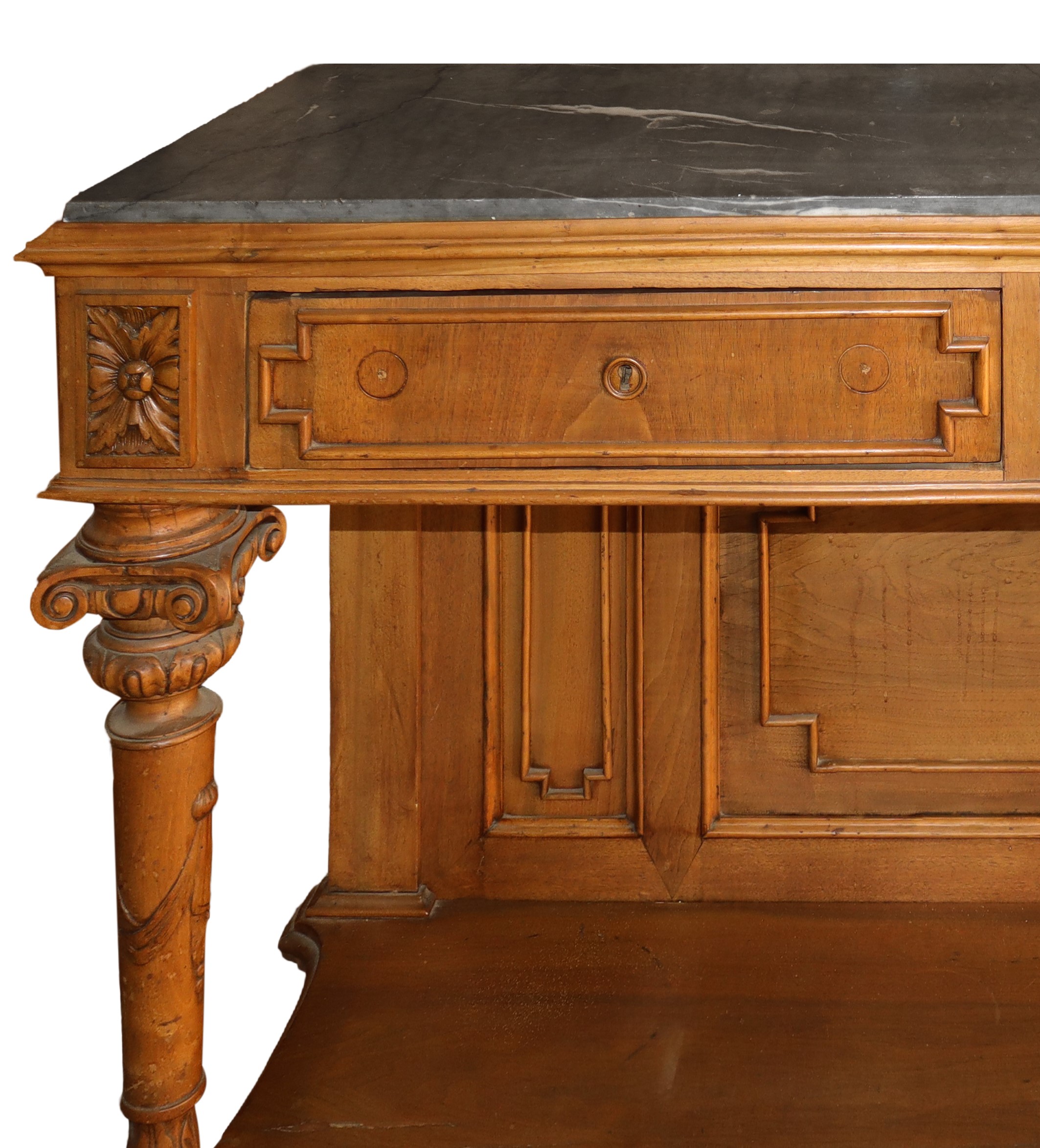 Consolle in Legno di Noce Marmo Grigio Bardiglio al Piano Due Cassetti Sottopiano e Piedi a Colon...